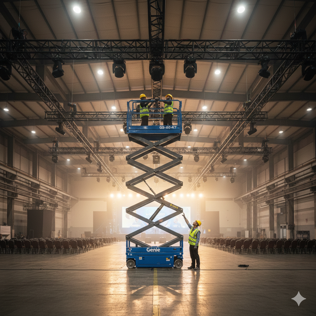 Electric scissor lift working inside a warehouse