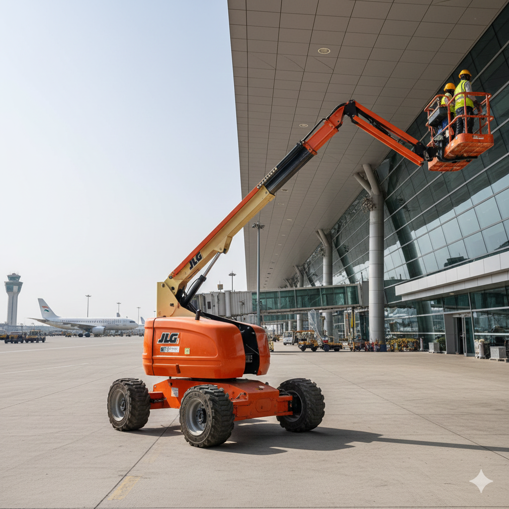 Access equipment in use near a commercial building