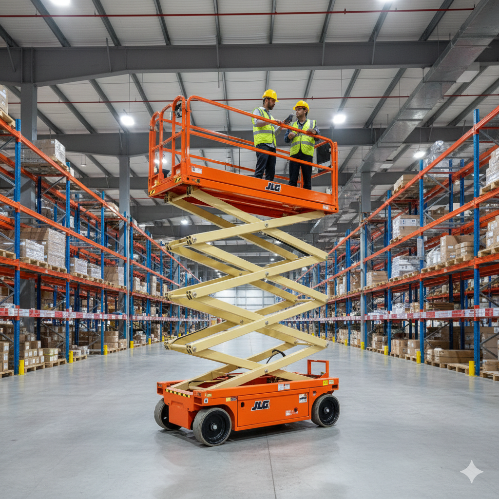 Scissor lift inside a large warehouse